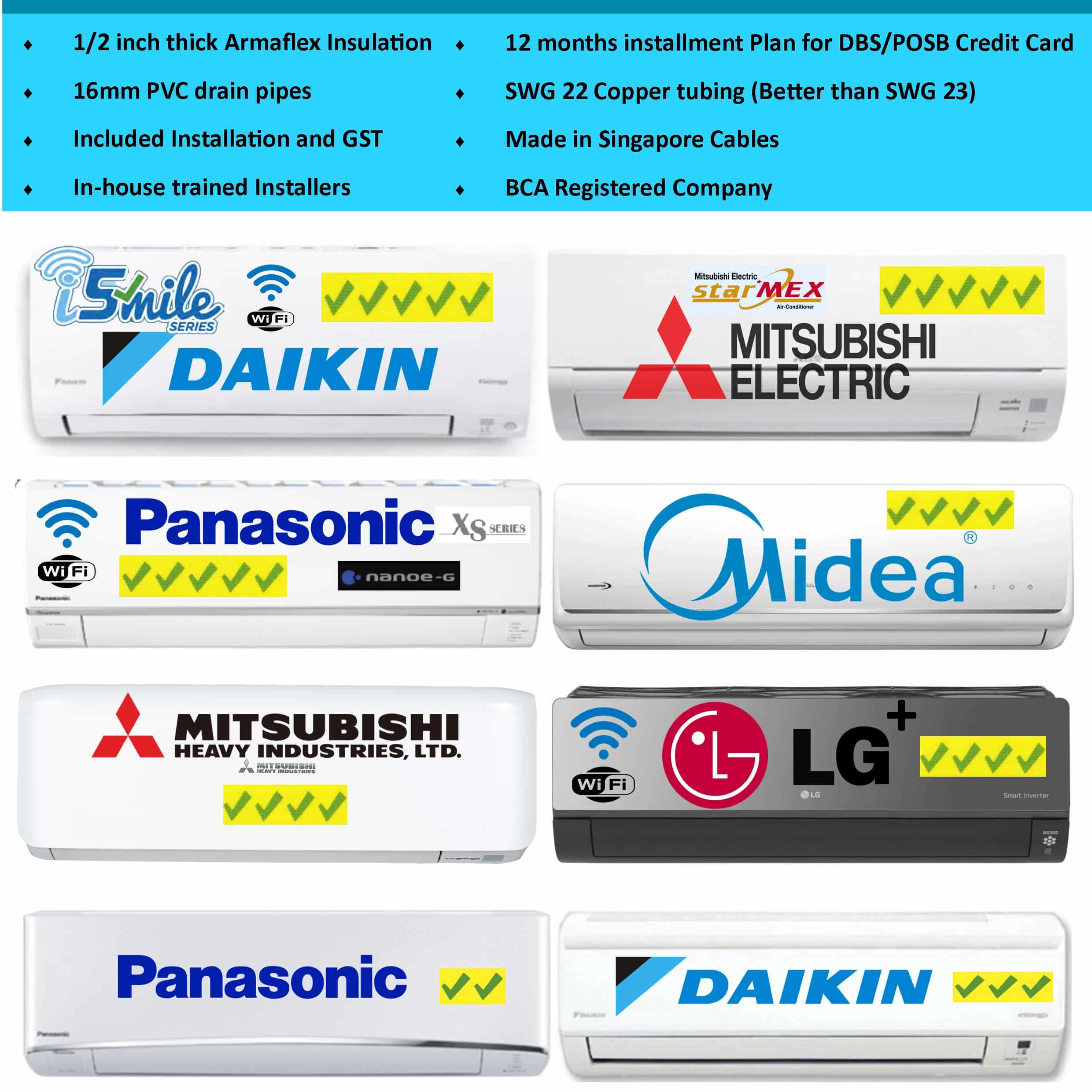 Aircon installation Singapore Mitsubishi Aircon Daikin Midea Aircon Panasonic LG artcool toshiba mitsubishi heavy industries